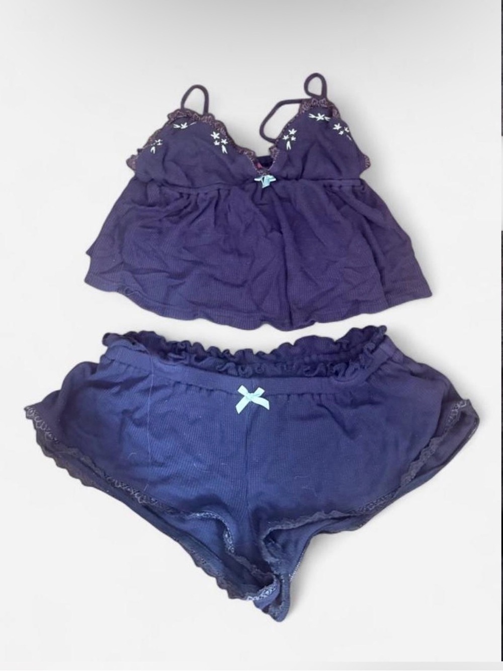 Edikted Navy Lace-Trim Camisole & Shorts Sleep Set with Light Blue Bows